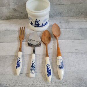 Vintage Delft Dutch Windmill Utensil Set With Ceramic Holder
